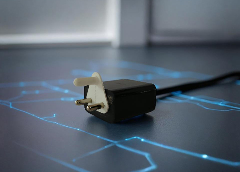 Black electrical plug on a reflective surface with blue light patterns